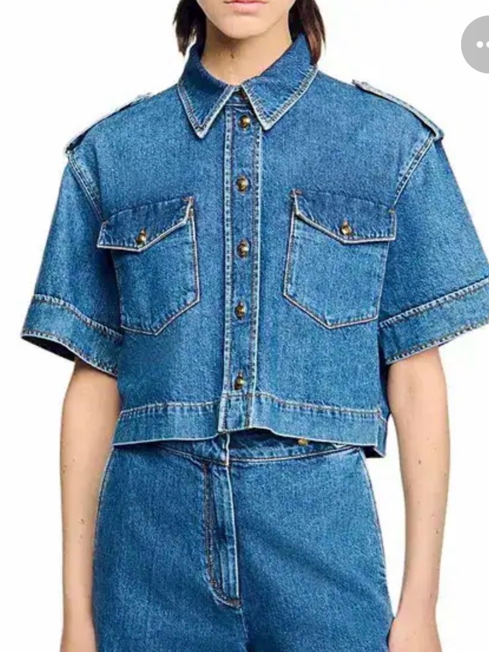 Sandro Cropped Blue Denim Shirt Jacket - Women Jeans